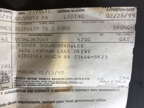1979 Ford Bronco - A close-up shot of a Virginia Motor Vehicle Registration document for a Ford Bronco. The document details the vehicle's identification numb…
