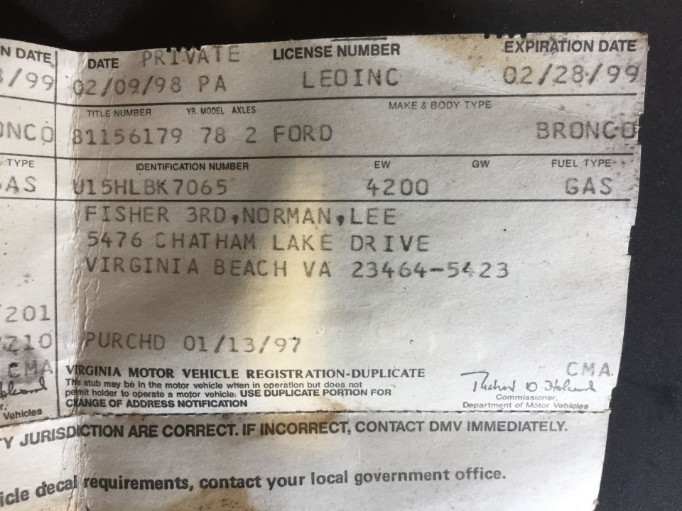 Virginia Motor Vehicle Registration document for a Ford Bronco