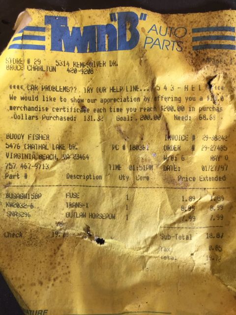 1979 Ford Bronco - This is a close-up of a yellow receipt from Twin B Auto Parts. The receipt details a purchase including fuses and other items, with a date…