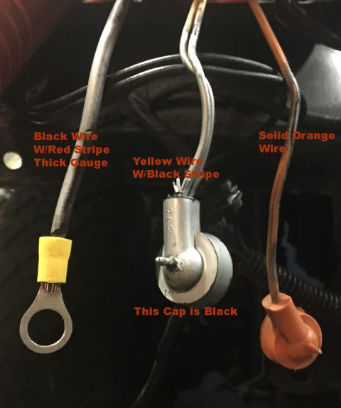 1978 Ford Bronco - Three automotive wires are shown, labeled as a thick gauge black wire with a red stripe, a yellow wire with a black stripe, and a solid ora…