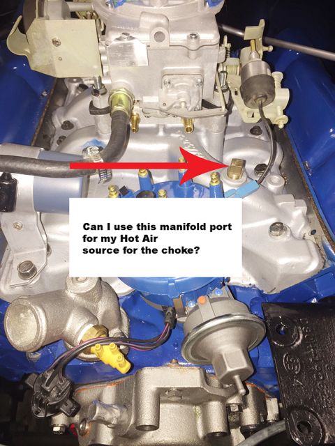 1978 Ford Bronco - A close-up view of an engine manifold with a question about using a port for the choke.