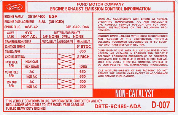 '78 Ford 351M/400 5.8L engine emission control label with timing, idle and spark plug specs