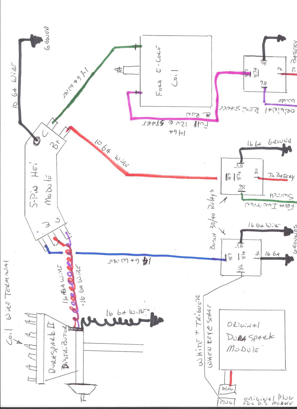 Wiring diagram for vehicle ignition system with HEI module, coil, distributor, and relays.