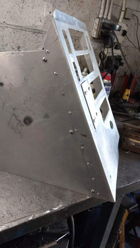 1990 Ford Bronco - Photo of a fabricated aluminum console box on a workbench, not a technical document.