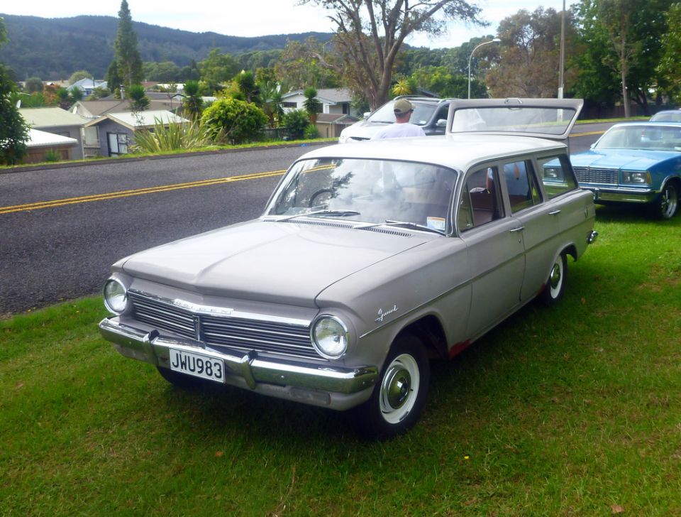 Light gray station wagon parked on grass with a blue sedan behind it.