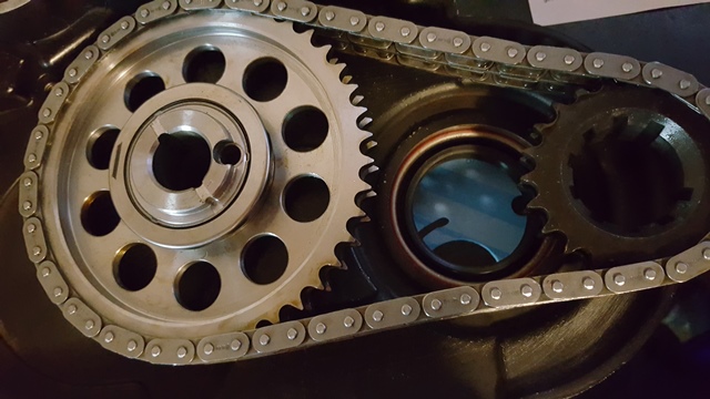 Close-up of engine timing chain and sprockets