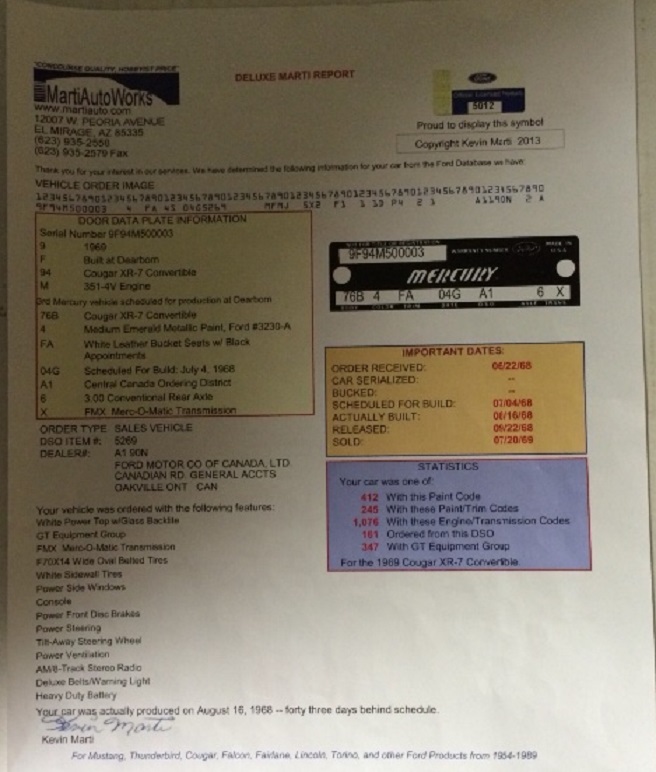 Mercury vehicle information document, Marti Report, VIN details