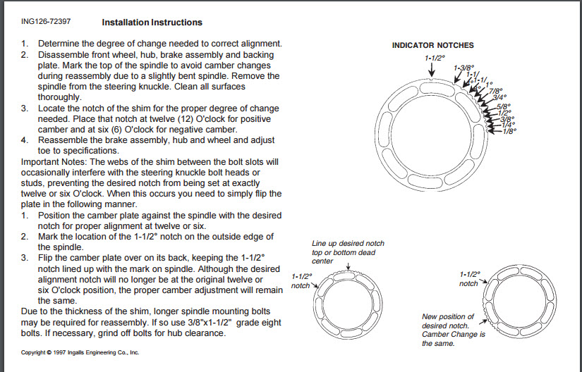 Installation manual page with diagrams of shims and alignment adjustment instructions.