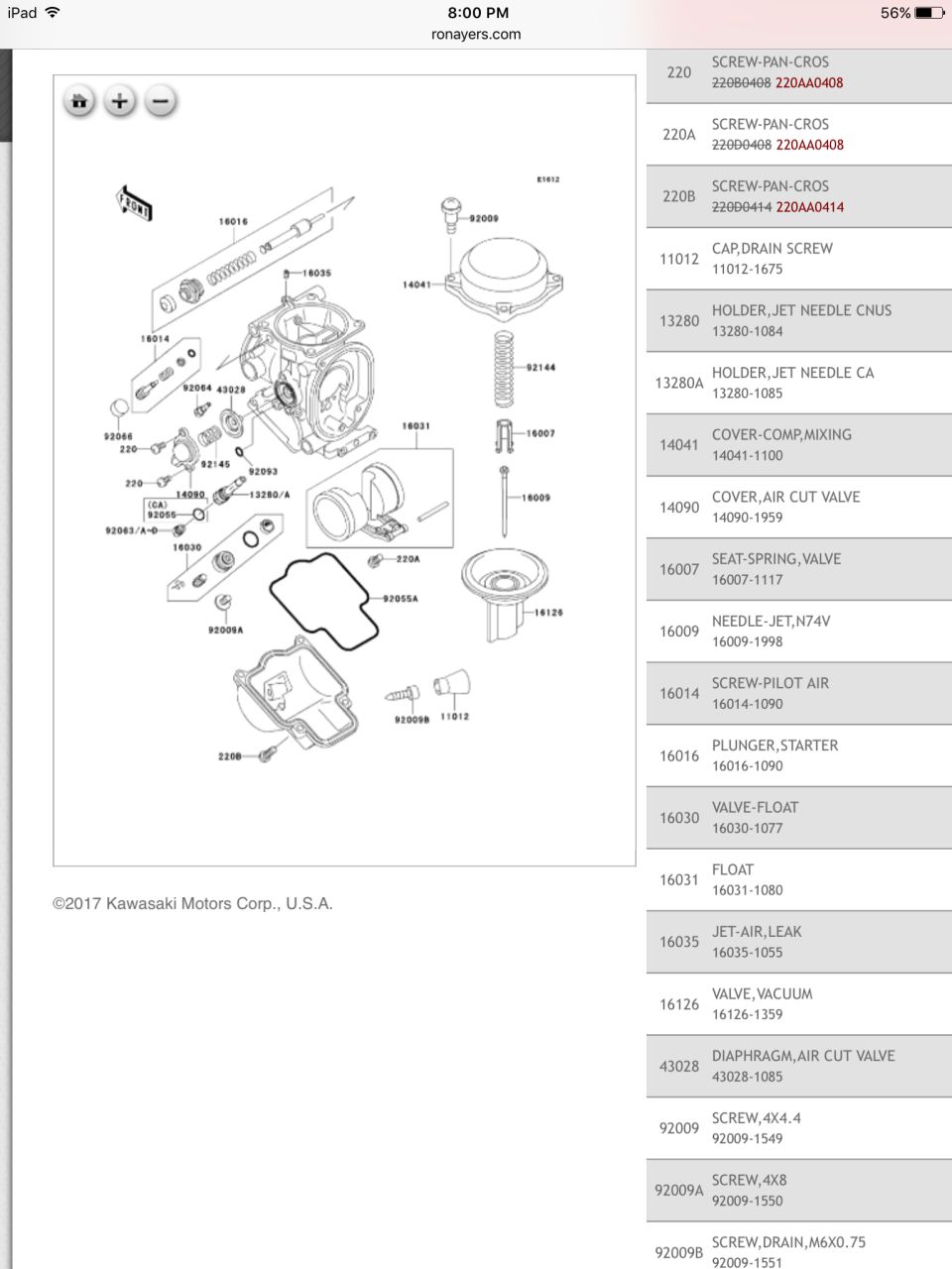 98-99 ZX9R individual carb part numbers