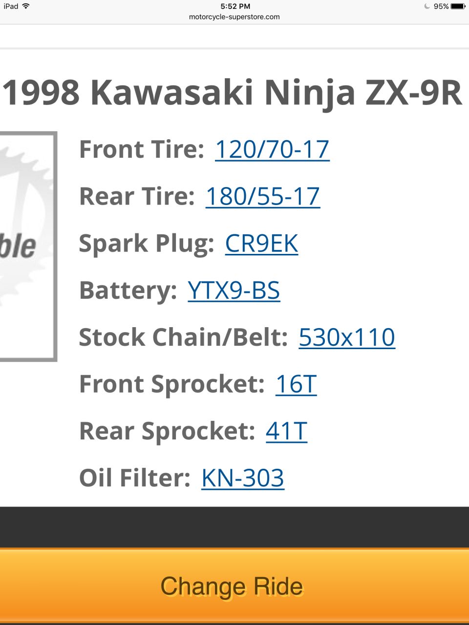 98-99 ZX9R factory sizes - tires, plugs, batter, chain, sprockets, oil filter