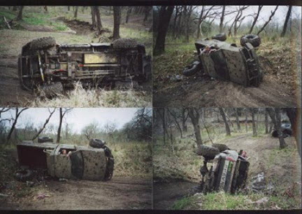 1979 Ford Bronco - Multiple views capture an overturned off-road vehicle in a wooded, muddy environment.