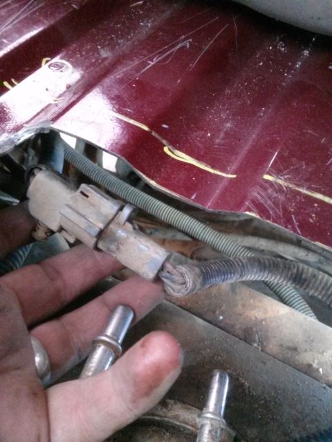 1996 Ford Bronco - Close-up of a vehicle's fuel line connector being held by a hand, with wiring visible.