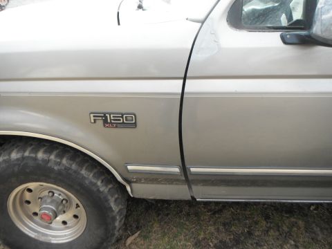 1995 Ford F-150 - The side panel of a silver Ford F-150 XLT truck is visible, with a close-up on the fender badge and front wheel.