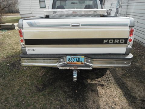 1995 Ford F-150 - This 1995 Ford F-150 pickup truck is viewed from the rear, showing its tailgate, bumper, and a toolbox mounted in the bed.