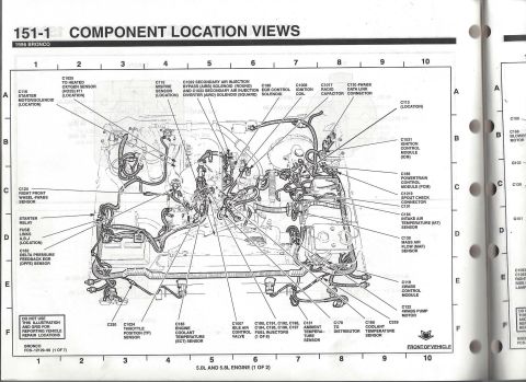 1996 Ford Bronco - 1996 Bronco component location view (151-1) for 5.0L and 5.8L engines mapping PCM, MAF, IAT, DPFE, EGR, oxygen sensor, ICM and 4WABS connec…