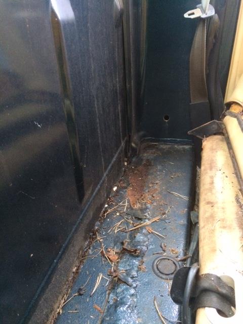 1979 Ford F-150 - The interior of a 1979 Ford F-150 shows a dirty floor with debris and a tan seat.
