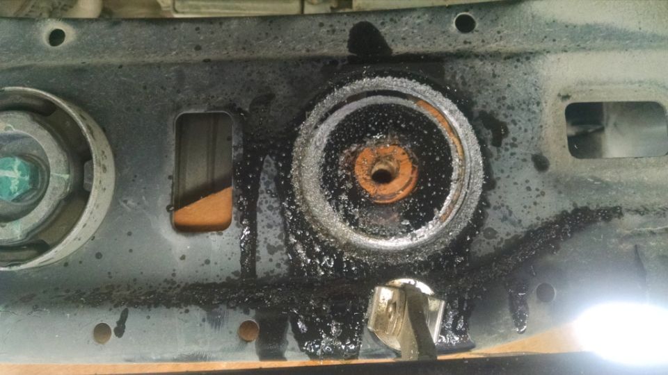 Greasy differential housing with rust and a circular mounting point