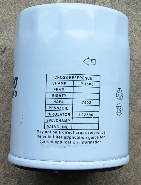 2000 Ford Crown Victoria - This oil filter displays a cross-reference chart for various brands, including CHAMP, NAPA, and PUROLATOR part numbers.