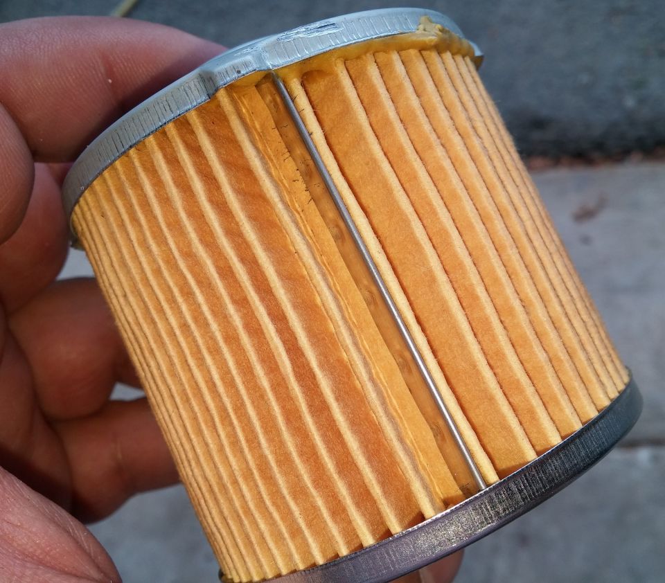 Oil filter with pleated paper element held by a hand