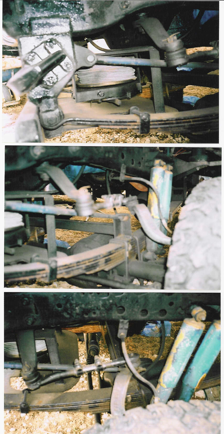 Underside views of lifted Ford Bronco front suspension with leaf springs, blue steering links and green dual shocks