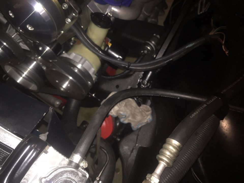 Engine bay showing power steering pump, pulleys, and hoses