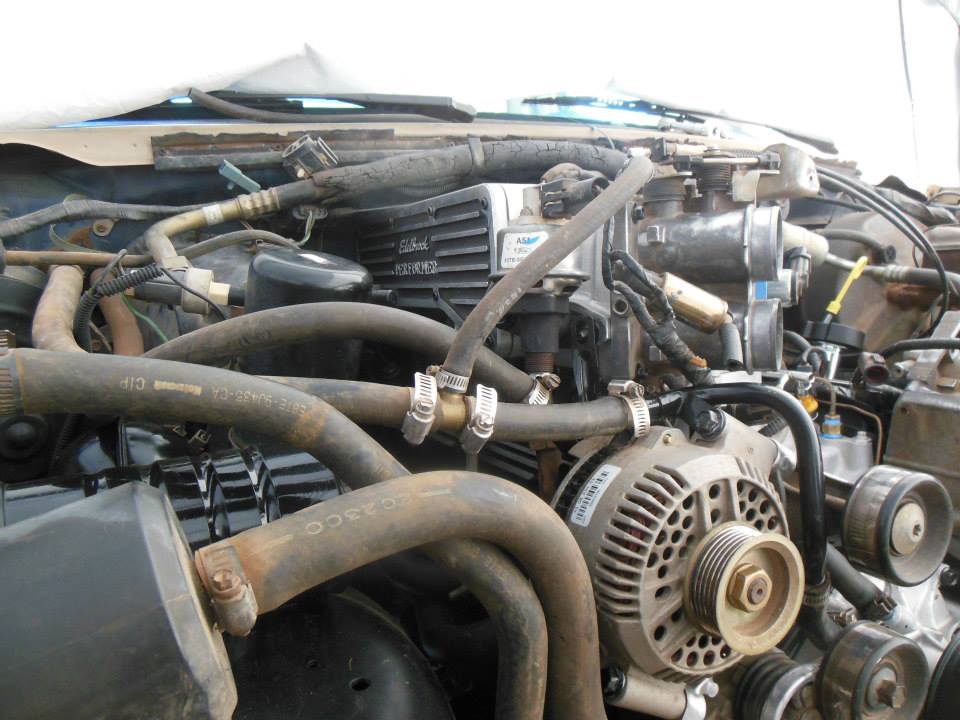 Engine bay with hoses and alternator visible