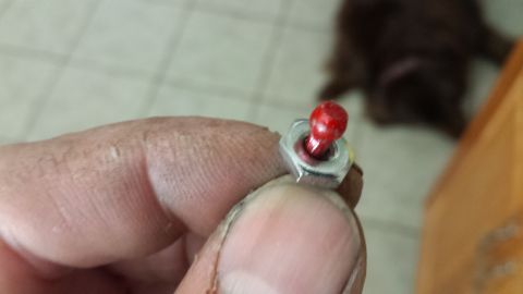 1976 Ford Ranchero - A red toggle switch is held by a hand, with a blurry background.