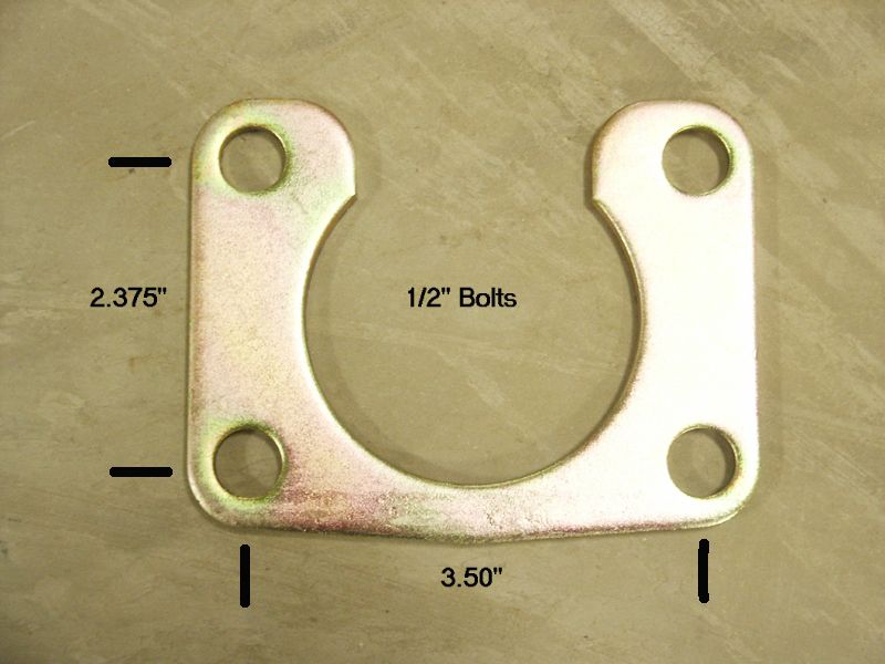 Metal bracket with four bolt holes, dimensions 2.375" and 3.50", labeled "1/2" Bolts"