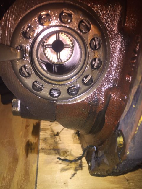 1982 Ford Bronco - A close-up view of the splined interior of a differential housing, likely from a 1982 Ford Bronco, showing heavy grease and some wear.
