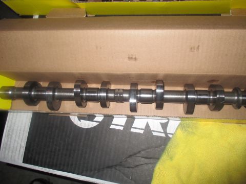 2004 Ford Crown Victoria - A new camshaft is shown laid out inside its cardboard packaging. The camshaft has multiple lobes and bearing journals, and appears to be ma…