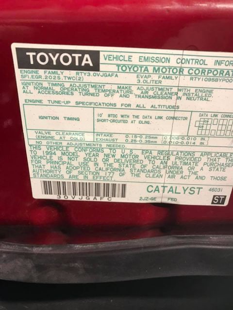 1994 Toyota Supra - This sticker indicates the vehicle conforms to 1994 model year new motor vehicle standards.