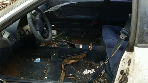 1988 Toyota Celica - The interior of this car is in disarray, with trash and debris scattered across the floor and seats.