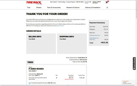 2006 Mitsubishi Evolution - Order confirmation page from Tire Rack detailing purchase of Pirelli P Zero Rosso tires.