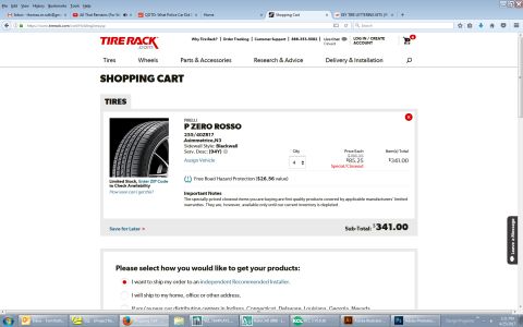 2006 Mitsubishi Evolution - The shopping cart displays Pirelli P Zero Rosso tires with a subtotal of $341.00.