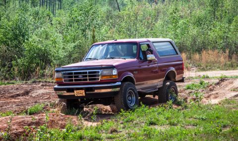 1995 Ford Bronco - A maroon Ford Bronco navigates an off-road trail with lush green foliage surrounding it.