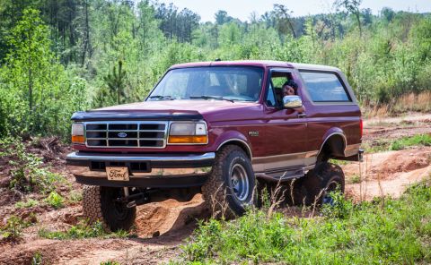 1995 Ford Bronco - A red 1995 Ford Bronco navigates an off-road trail, its off-road capabilities.