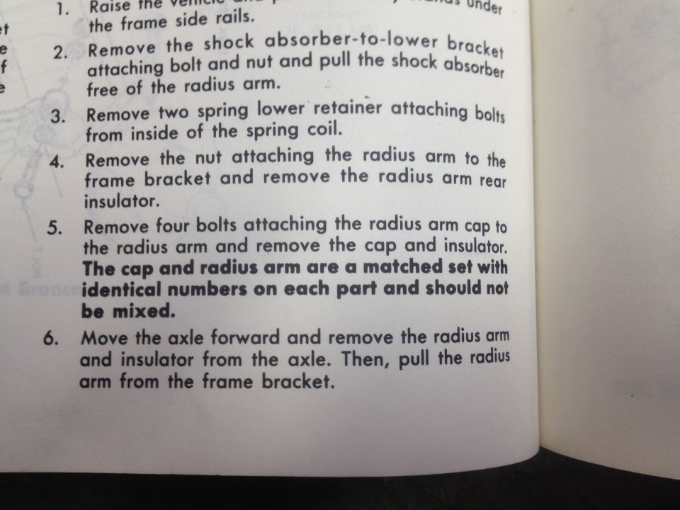 Radius arm removal procedure, numbered steps for shock, spring retainer, cap and insulator