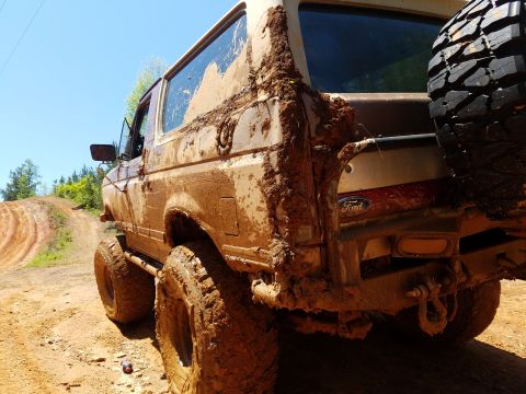 1988 Ford Bronco - A mud-covered 1988 Ford Bronco is parked on a dirt track with trees and a blue sky in the background. The rear driver's side of the vehicle…