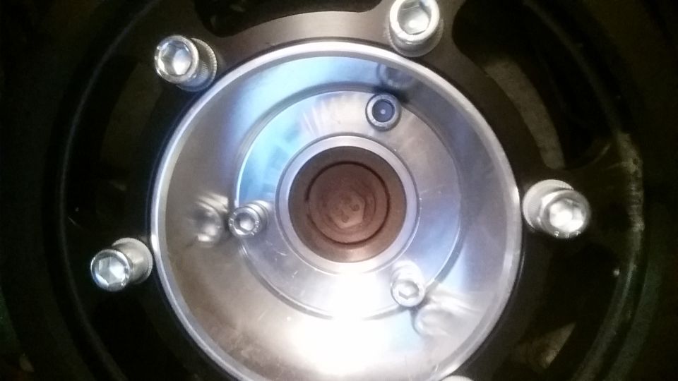 Close-up of a car wheel hub with lug nuts