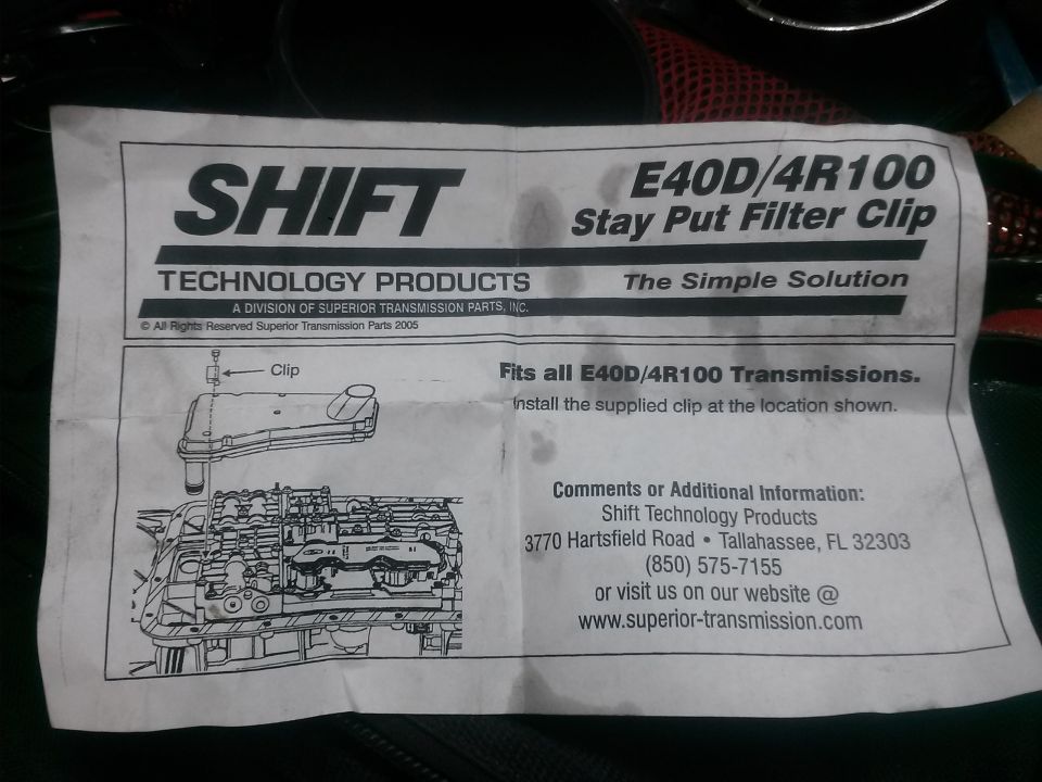 Shift Technology Products E40D/4R100 Stay Put Filter Clip instruction sheet with clip location drawing