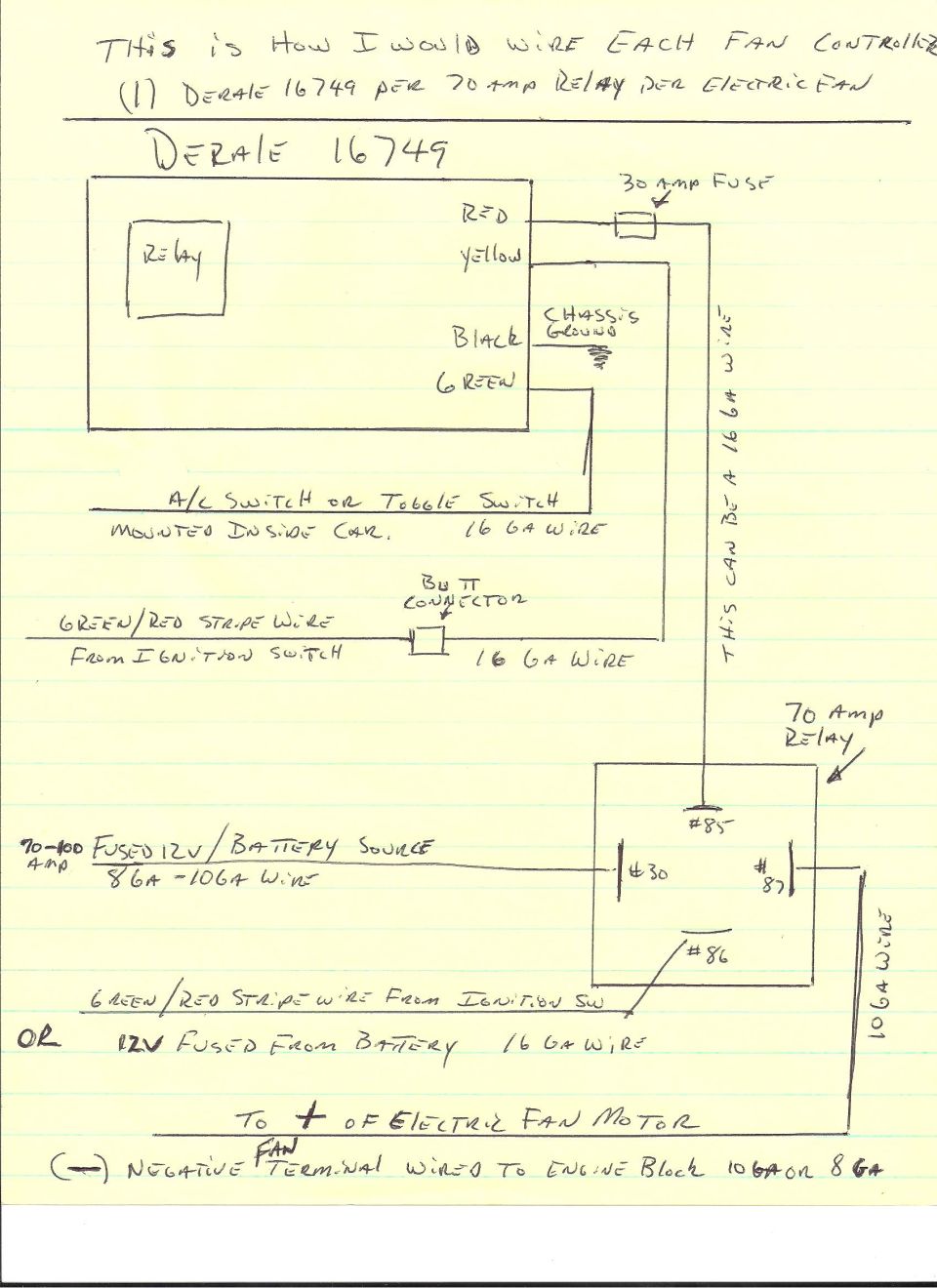 Wiring diagram for a Derale 16749 electric fan relay.