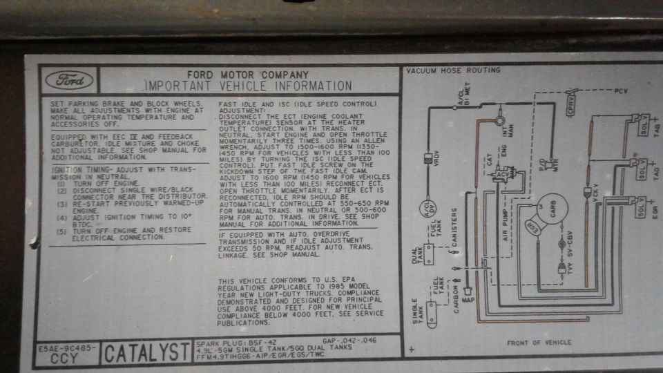 1985 Ford truck Important Vehicle Information decal: vacuum hose routing, spark plug BSF-42 gap .042-.046