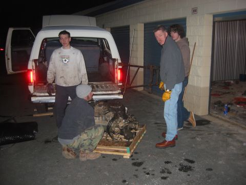 1989 Ford Bronco - Me, Mike, JP, and Richard Dean helping to put the old motor in the back of my truck.