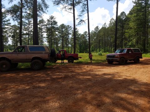 1988 Ford Bronco - Three vehicles, including two Ford Broncos, are parked in a dirt clearing surrounded by trees.