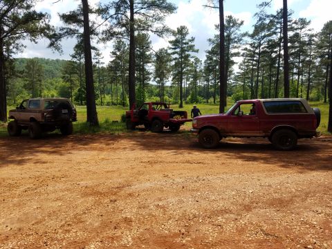 1988 Ford Bronco - Several off-road vehicles are parked in a wooded area with a dirt road in the foreground.
