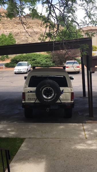 1981 Ford Bronco - Rear view of a Ford Bronco with a spare tire, parked outdoors with other vehicles nearby.