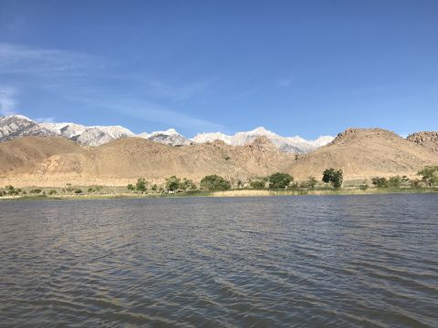 1997 Dodge 3500 - A wide shot of a calm lake with a distant view of dry, rolling hills and snow-capped mountains under a clear blue sky.