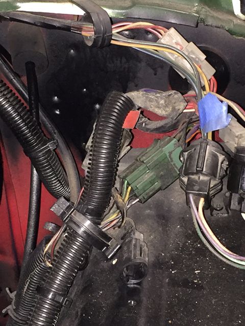 1978 Ford Bronco - A close-up view of a vehicle's wiring harness, showing multiple connectors and corrugated tubing. The wiring appears to be part of an engin…