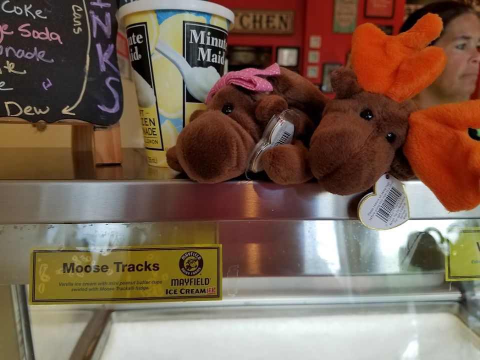 Plush moose toys and ice cream display