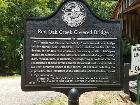 1978 Ford Bronco - Historical marker details the construction of the Red Oak Creek Covered Bridge in the 1840s by Horace King.